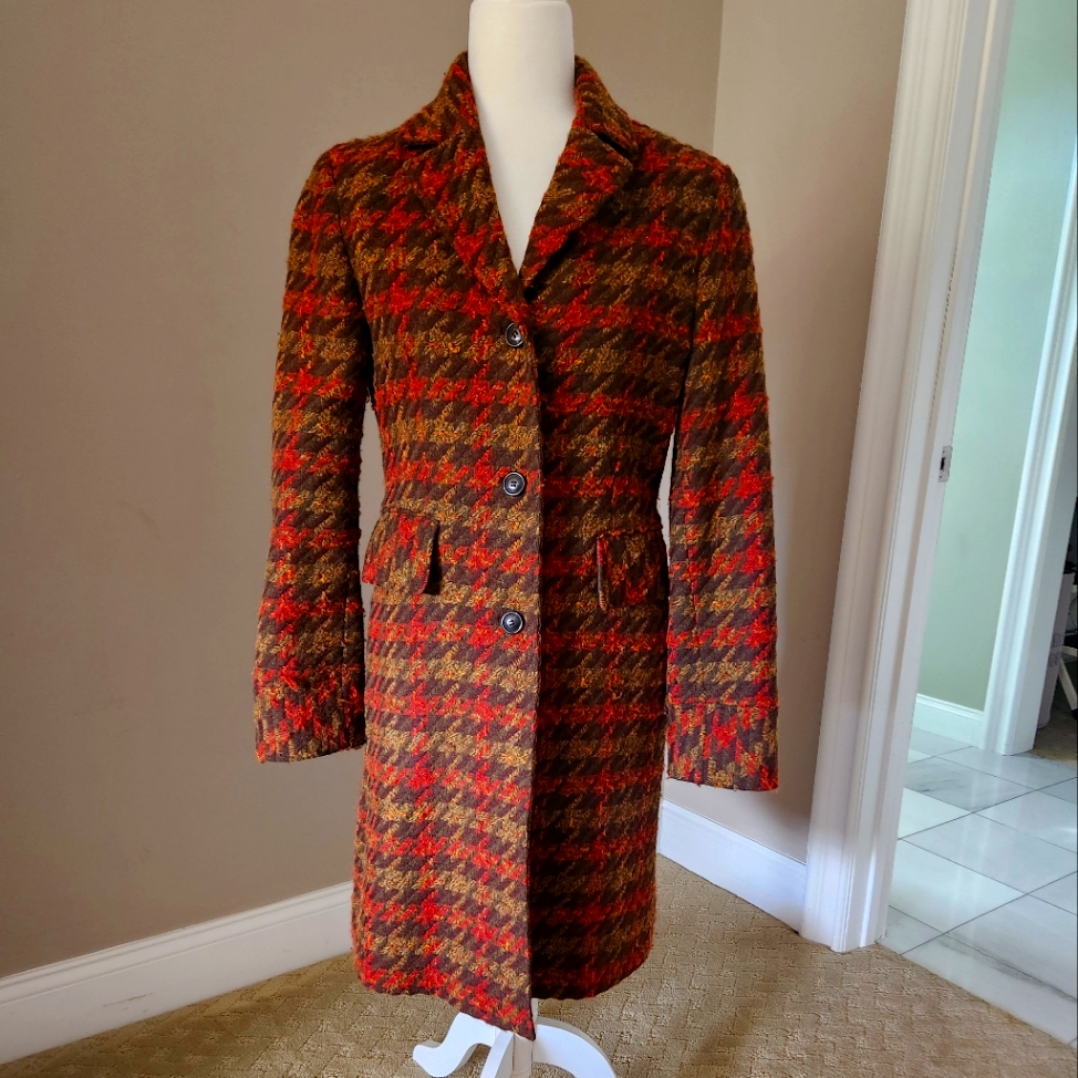Cole Haan Wool Blend Rust And Brown Houndstooth Peacoat Size 4